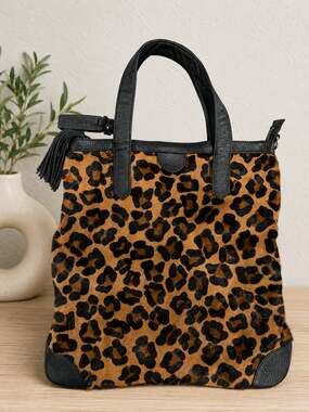 Aqua Madonna Leopard Hair-On Cowhide Leather Tote Bag Zip Top Animal Print